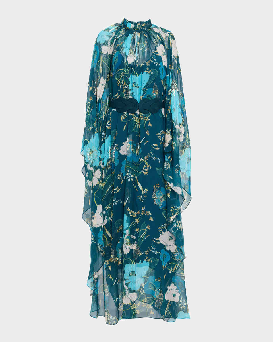 Alicia Metallic Floral Chiffon Batwing-Sleeve Maxi Dress